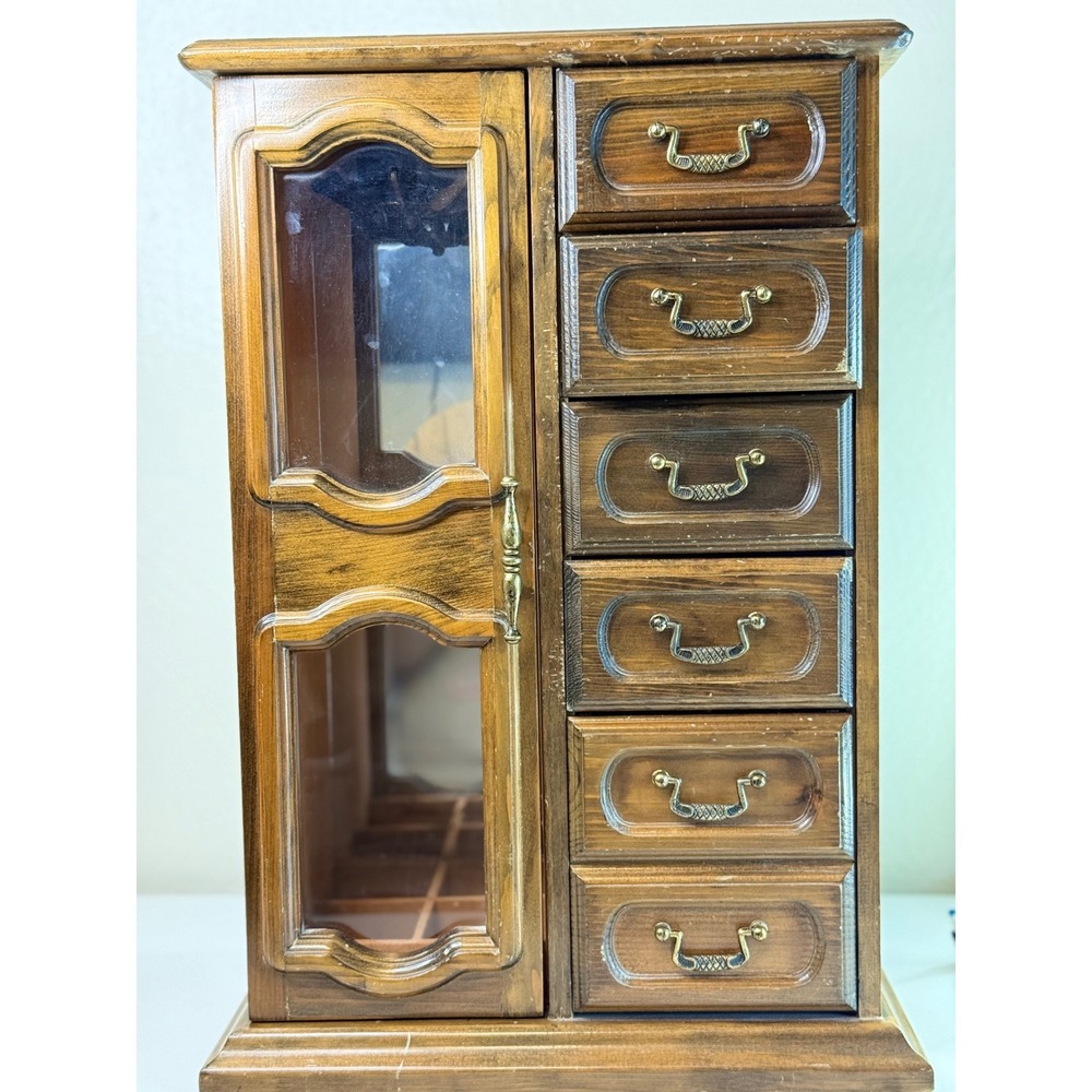 Vintage 1981 Avon Team Leader Jewelry Box Wooden Armoire Mirror 6 Drawers